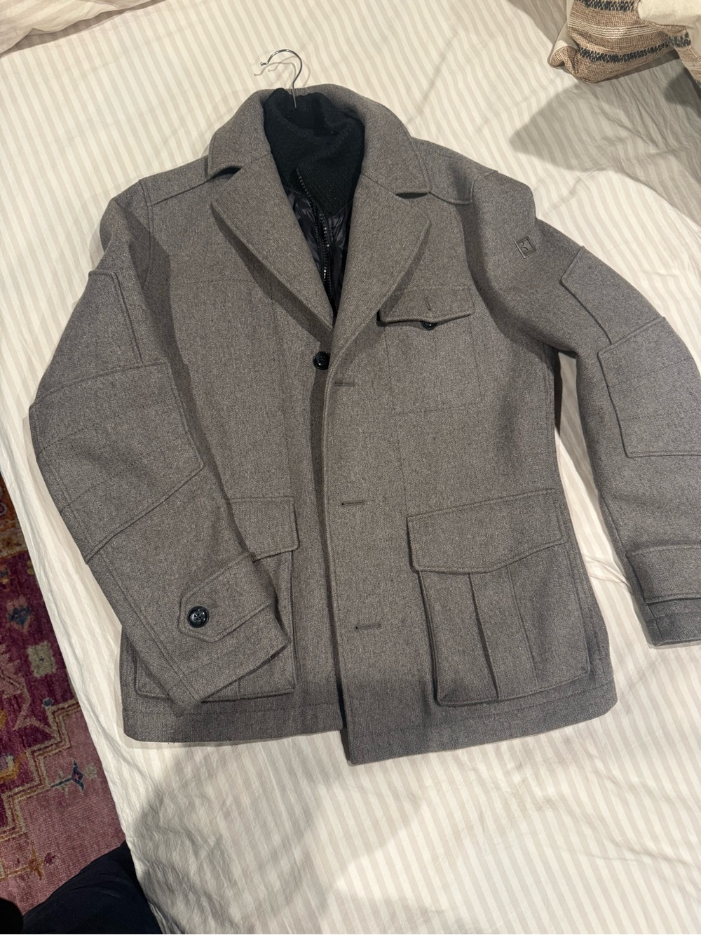 Hugo Boss Gray/Brown Wool Pea Coat with Notch Collar
